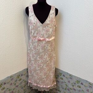 Vintage Meghan Matthews sleeveless pink floral midi dress. Size 14.